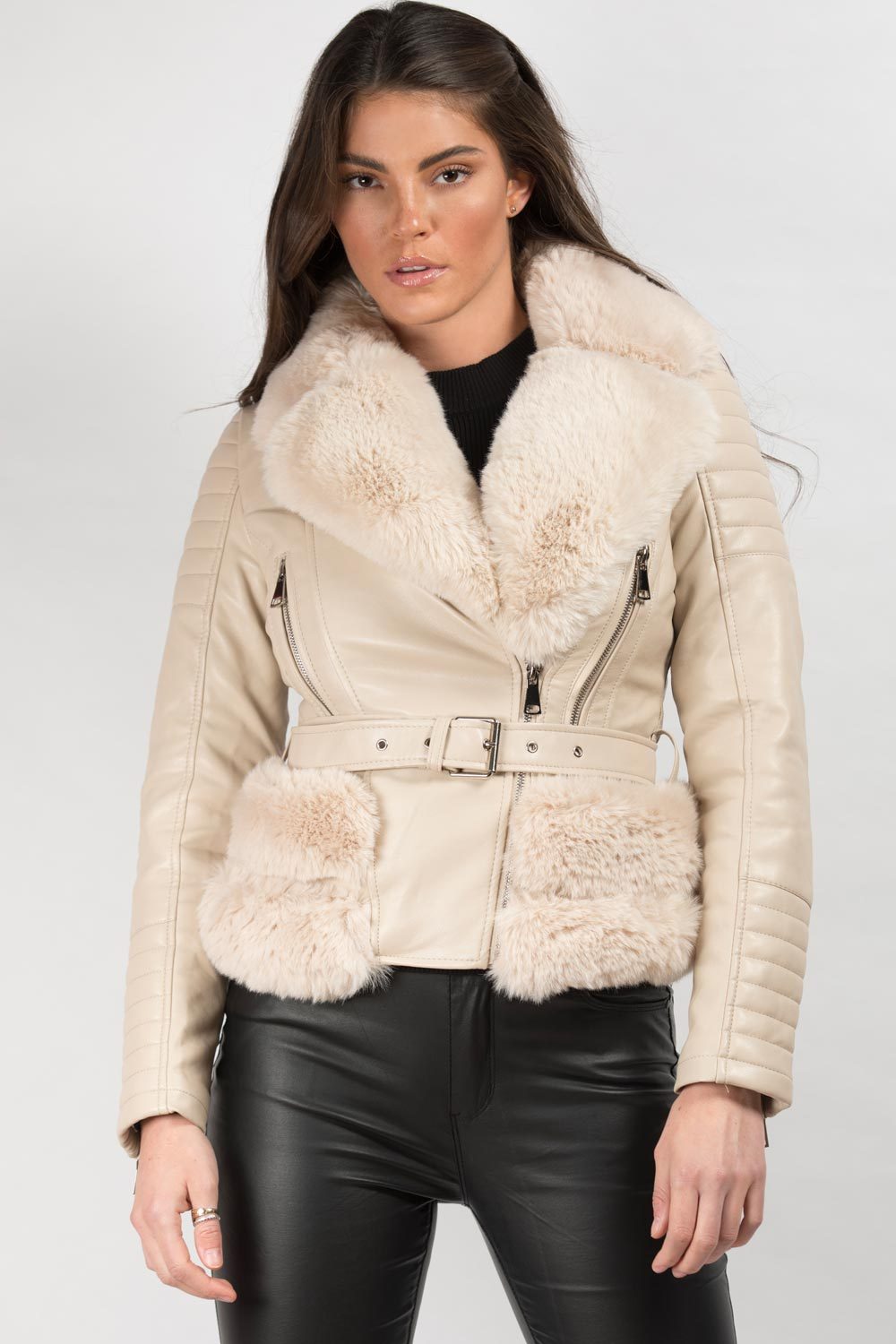 belted faux fur faux leather jacket cream