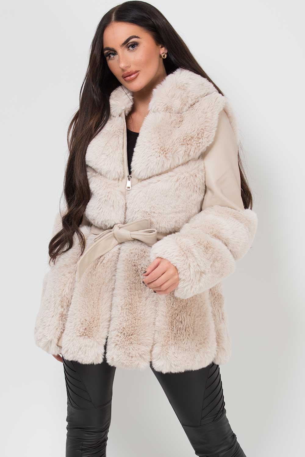 faux leather jacket with faux fur panels womens