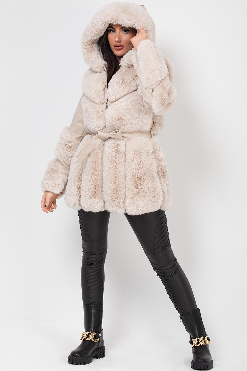 womens faux fur faux leather hooded jacket with belt