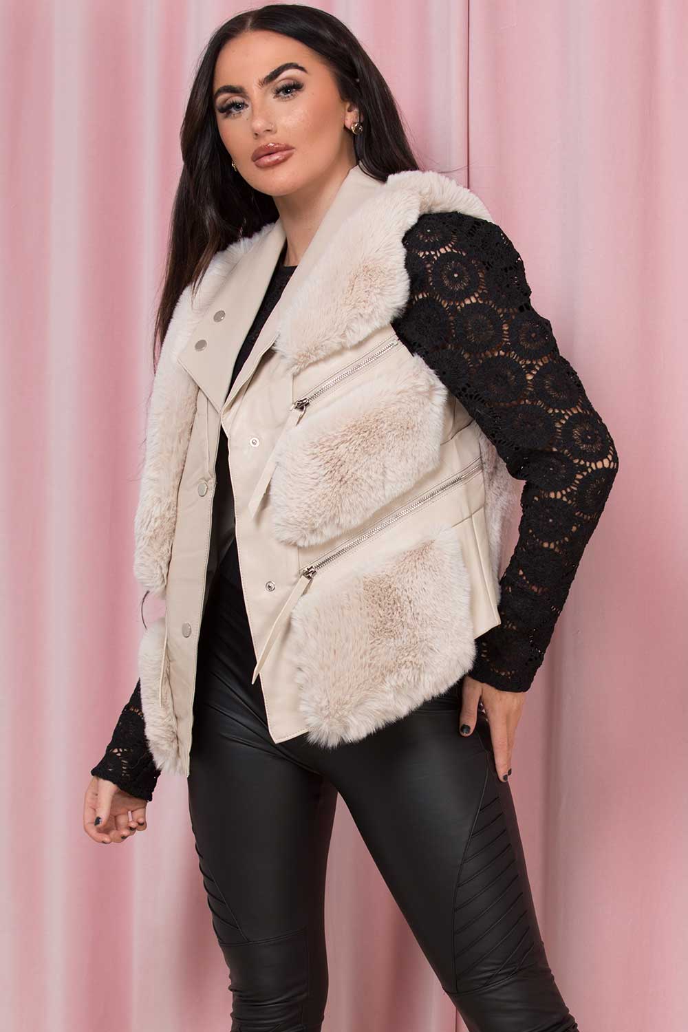 womens faux fur pu leather gilet