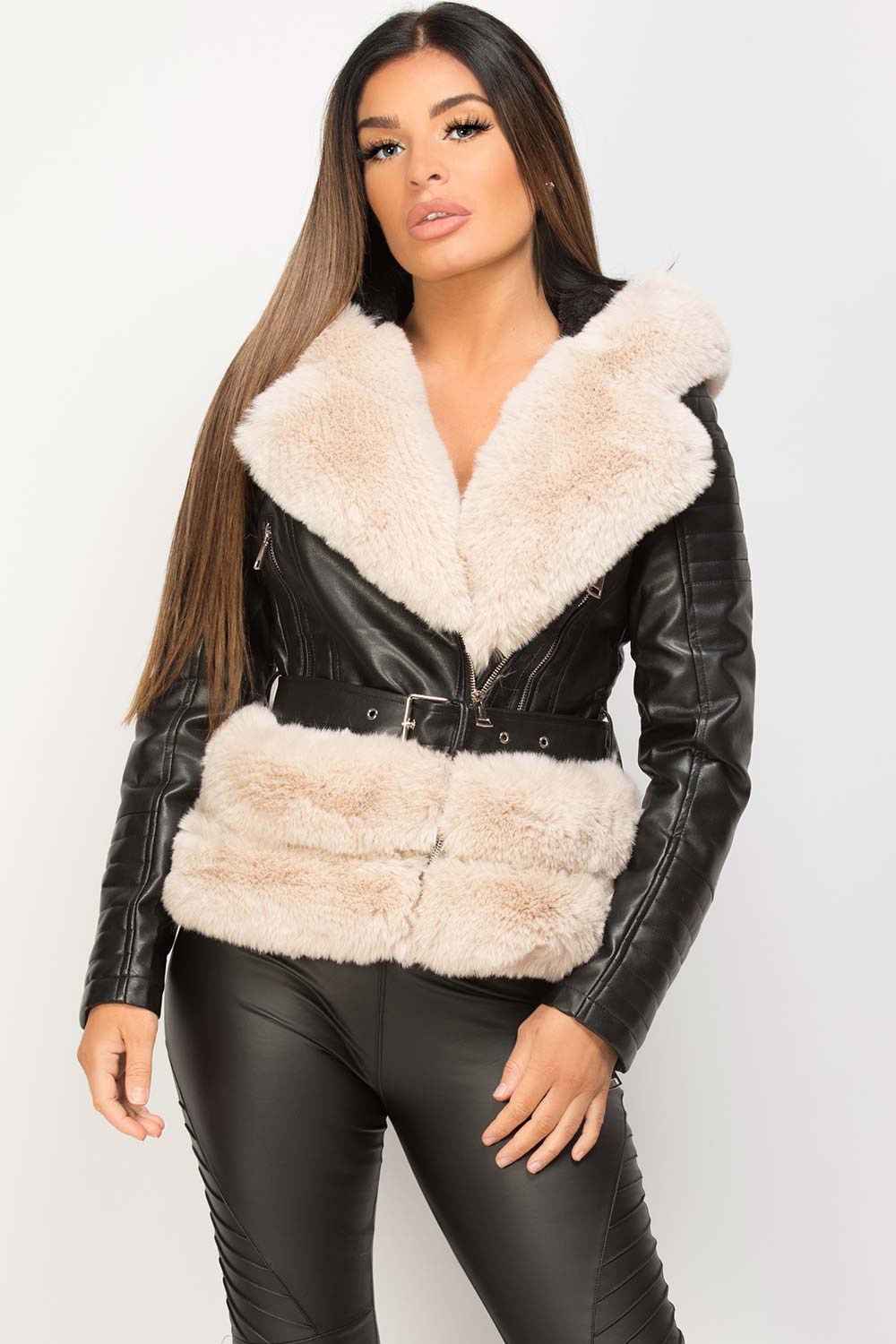 cream faux fur hooded belted faux leather jacket