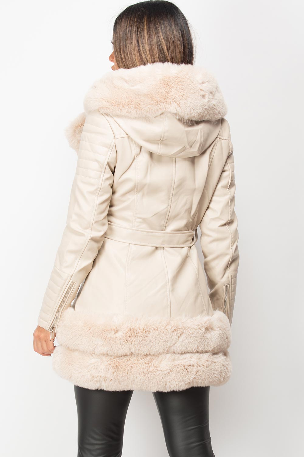 faux fur faux leather belted jacket long