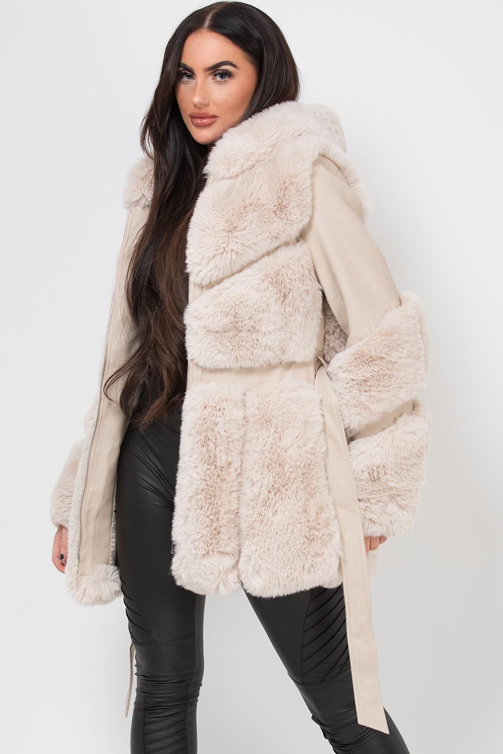 faux fur faux leather coat cream womens