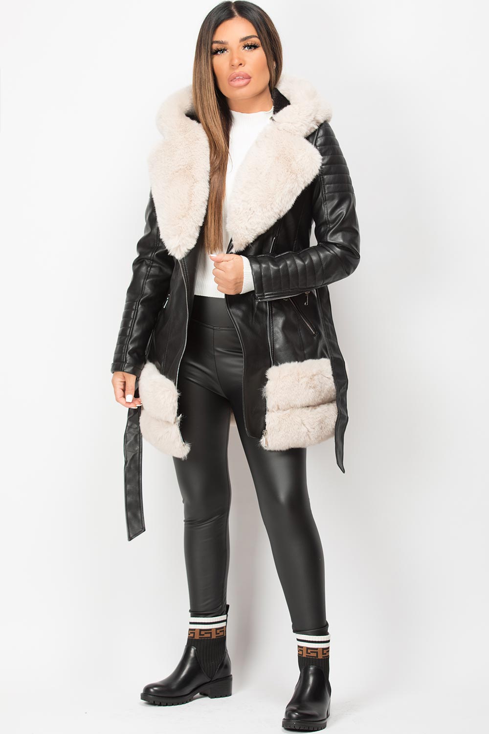 faux fur pu leather biker jacket womens