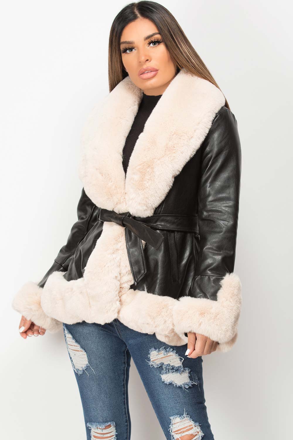 cream faux fur faux leather belted jacket