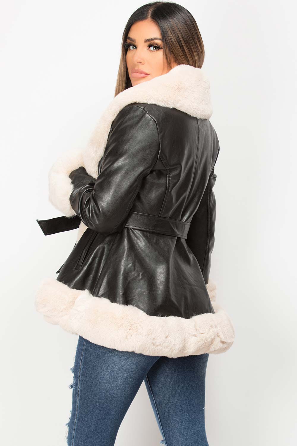 faux fur faux leather belted jacket