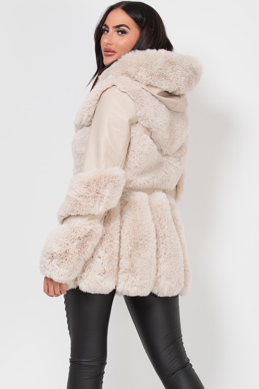 womens faux fur faux leather coat with hood cream