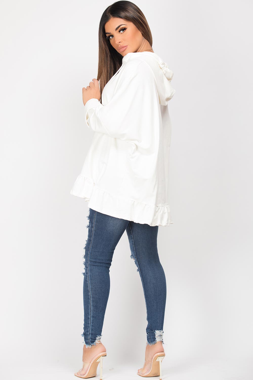 womens oversized frill hem hooded top