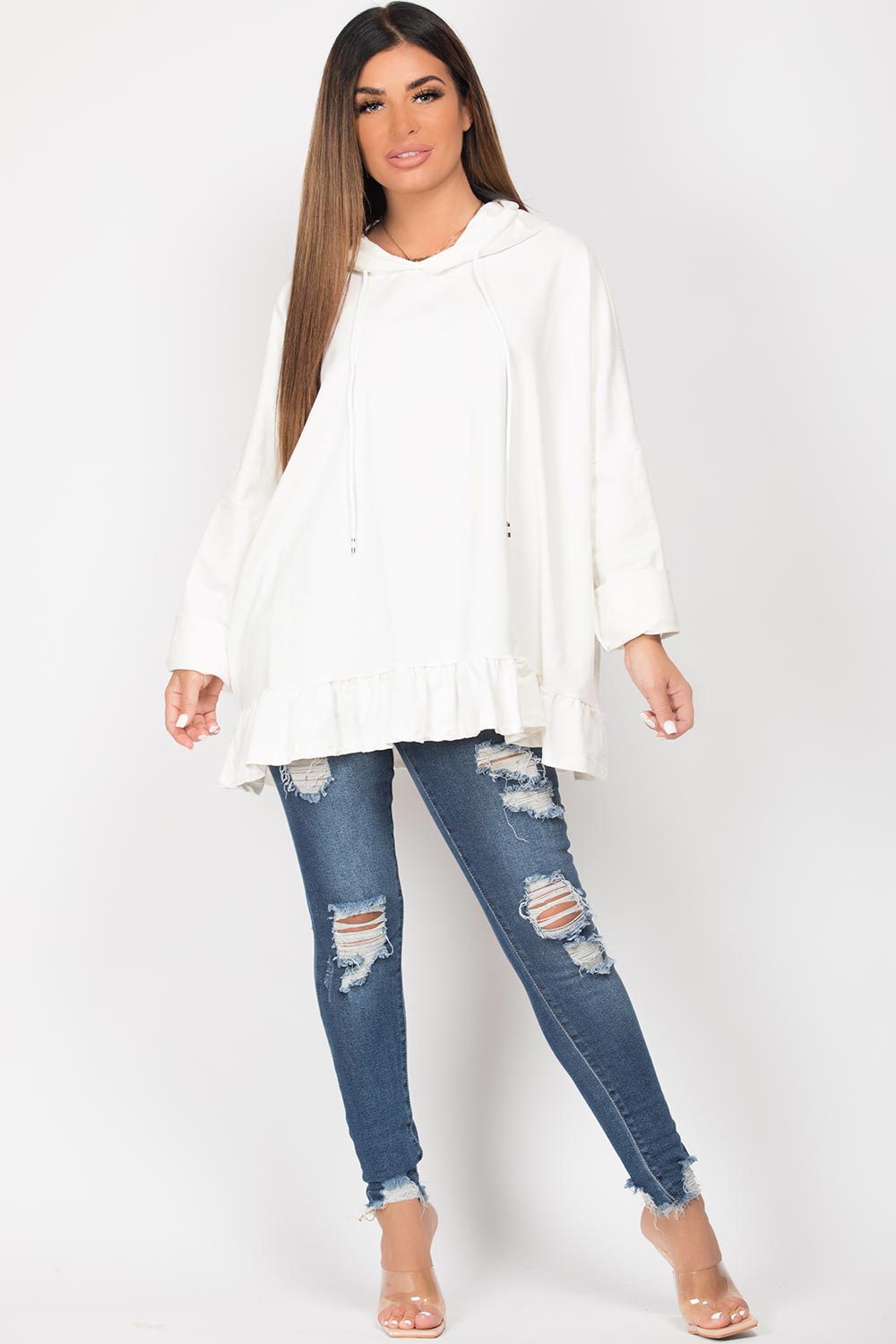cream oversized frill hem hoodie