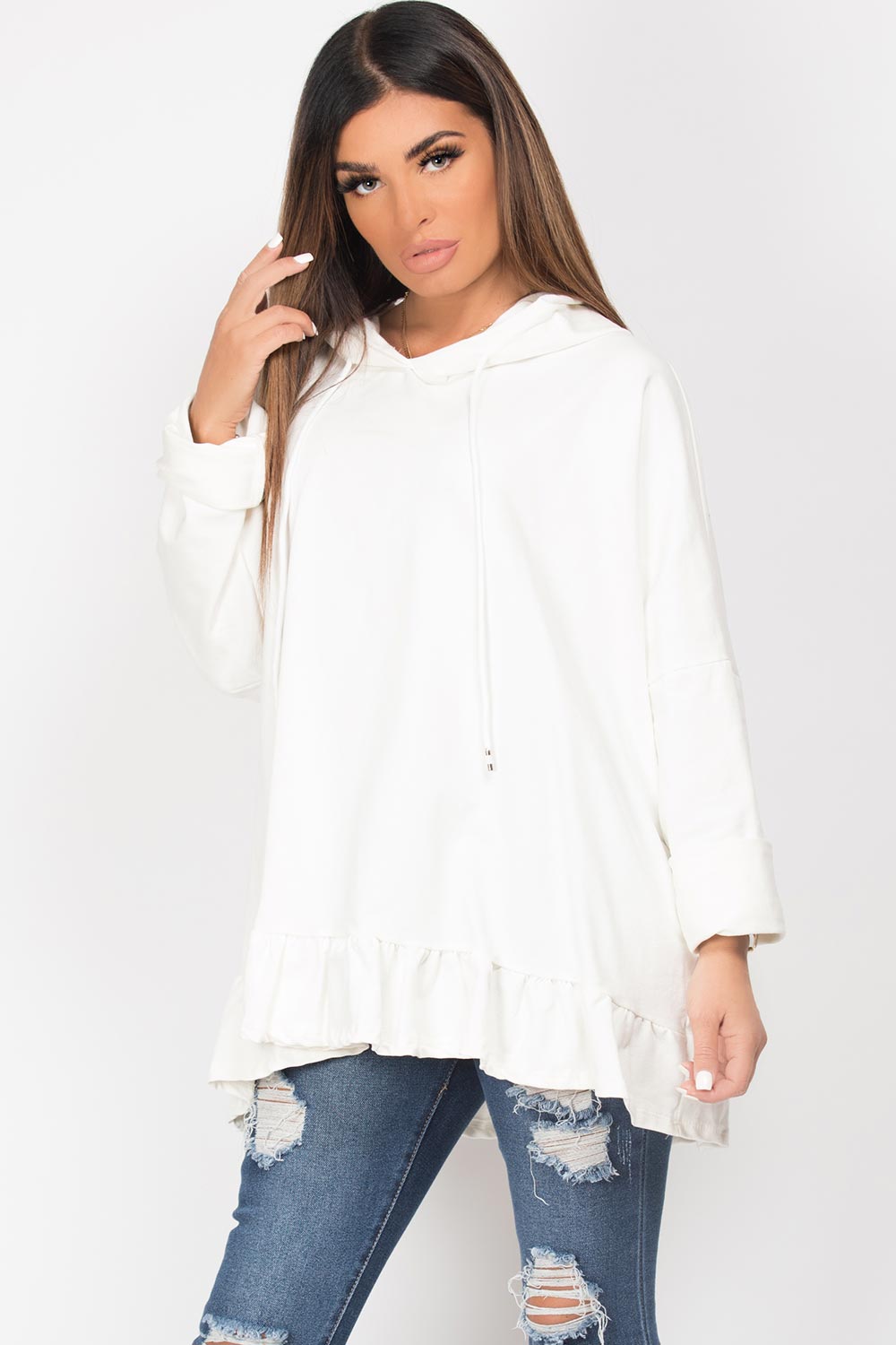 frill hem hooded sweatshirt womens