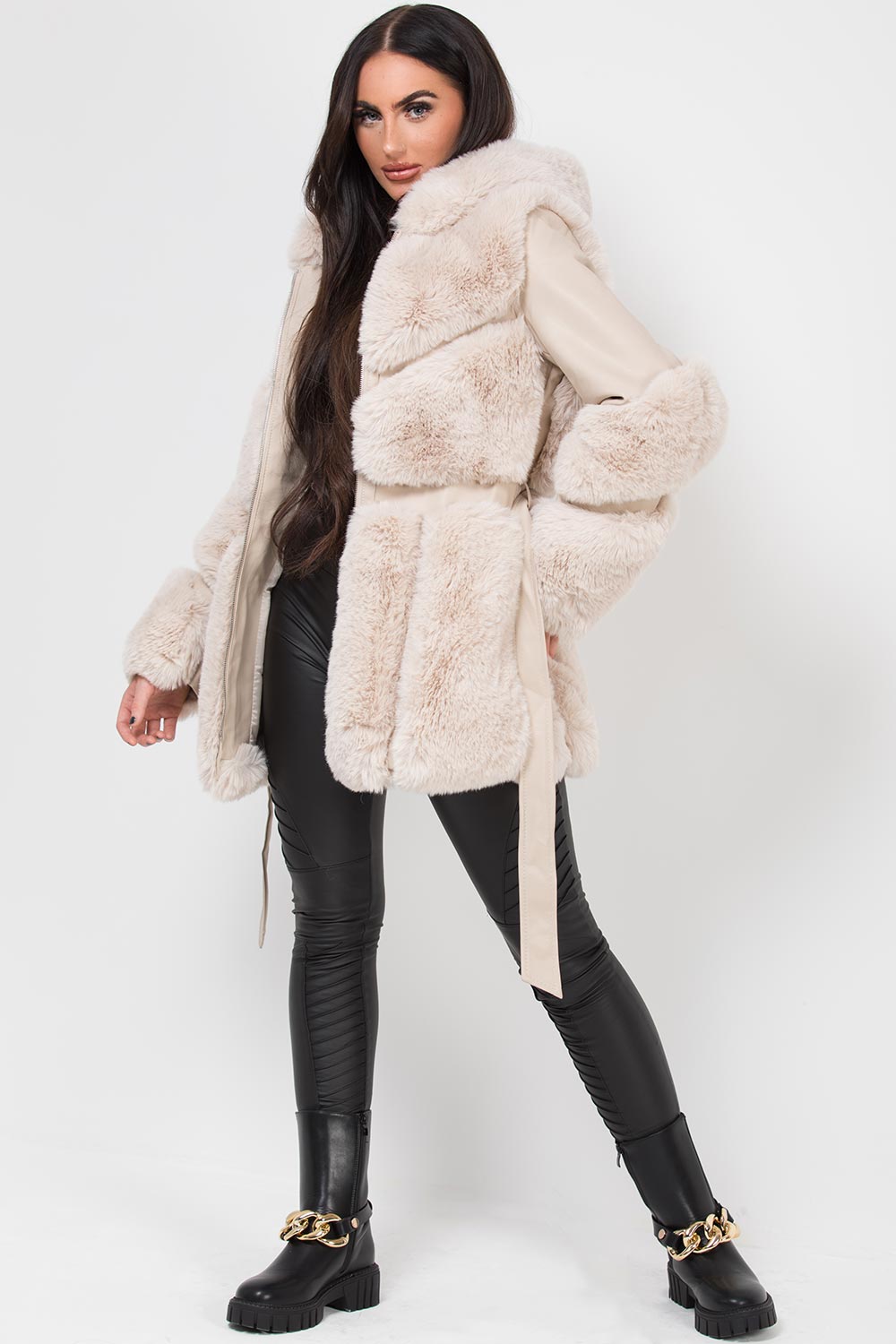 faux leather jacket with fur cream