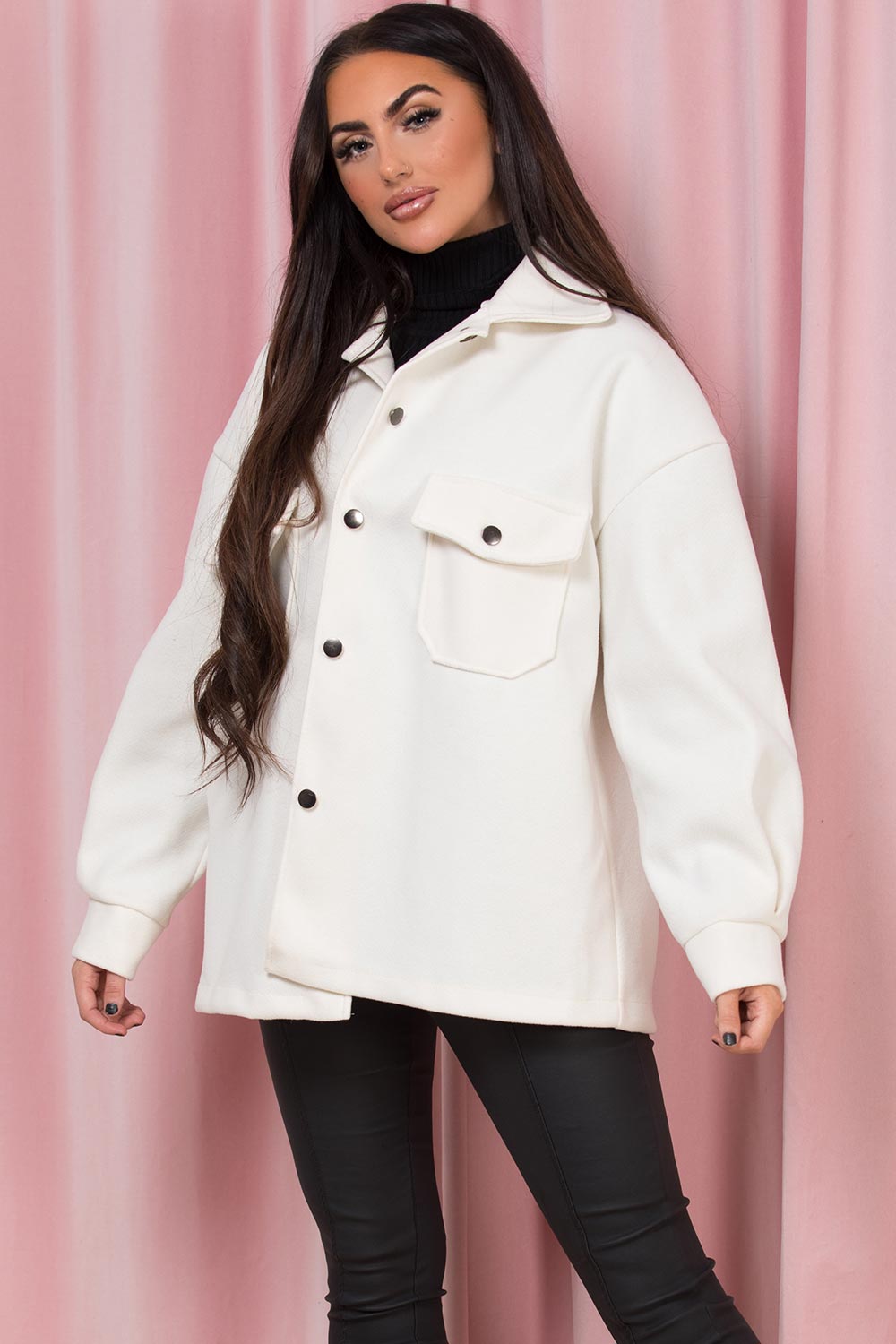 brushed shacket with pockets cream