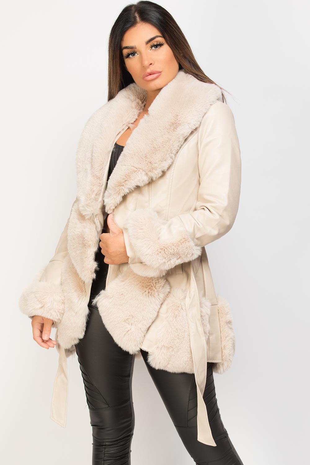 faux fur faux leather belted jacket