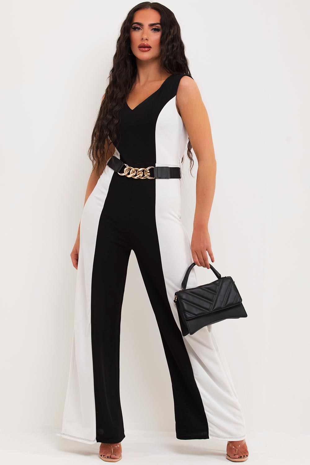 wide leg jumpsuit with gold belt