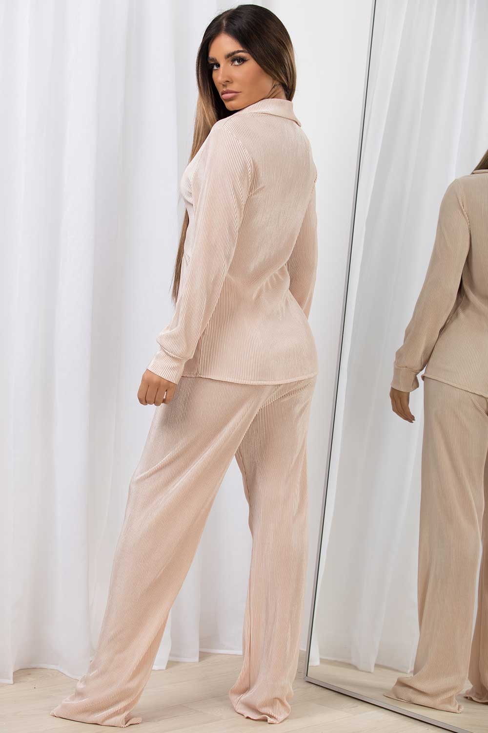 plisse high waisted trousers and shirt co ord womens