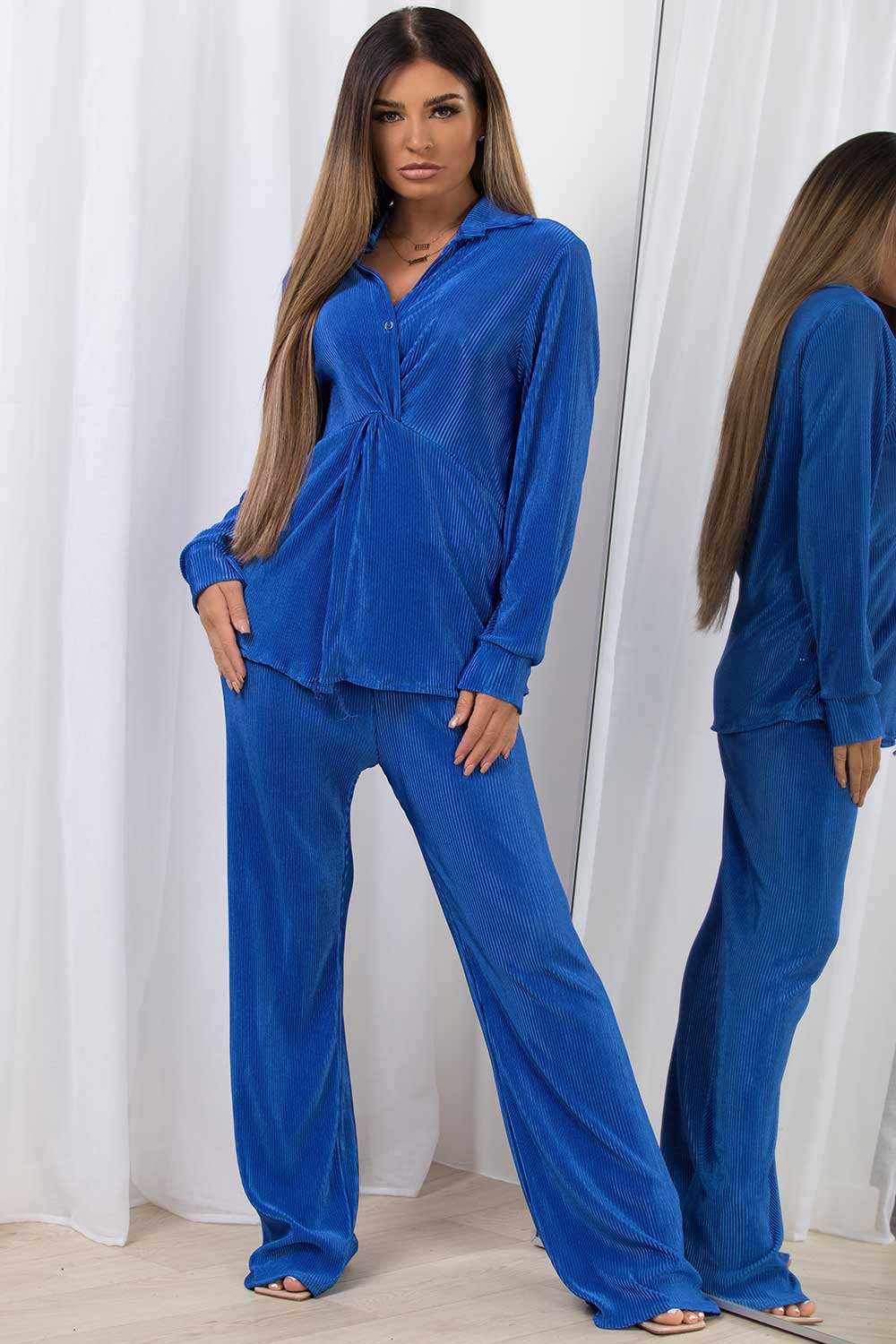 plisse shirt and high waisted trousers co ord set