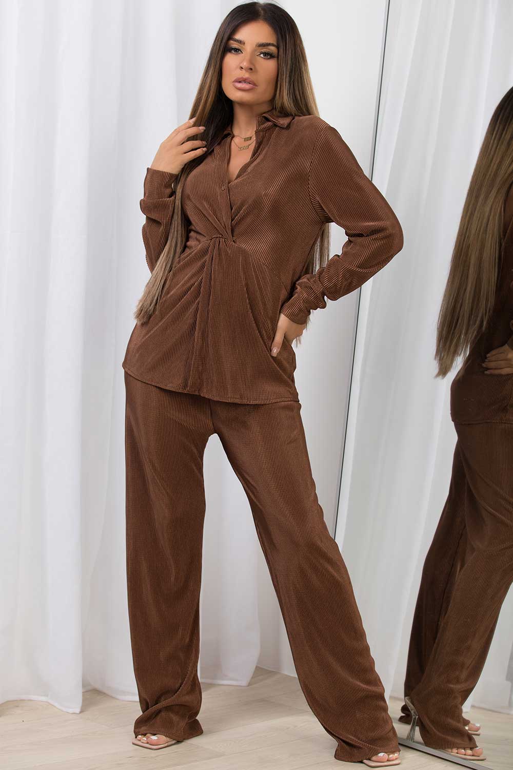 plisse shirt and trousers co ord set