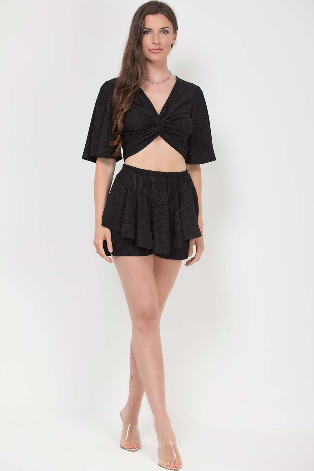 black pleated shorts v neck top set