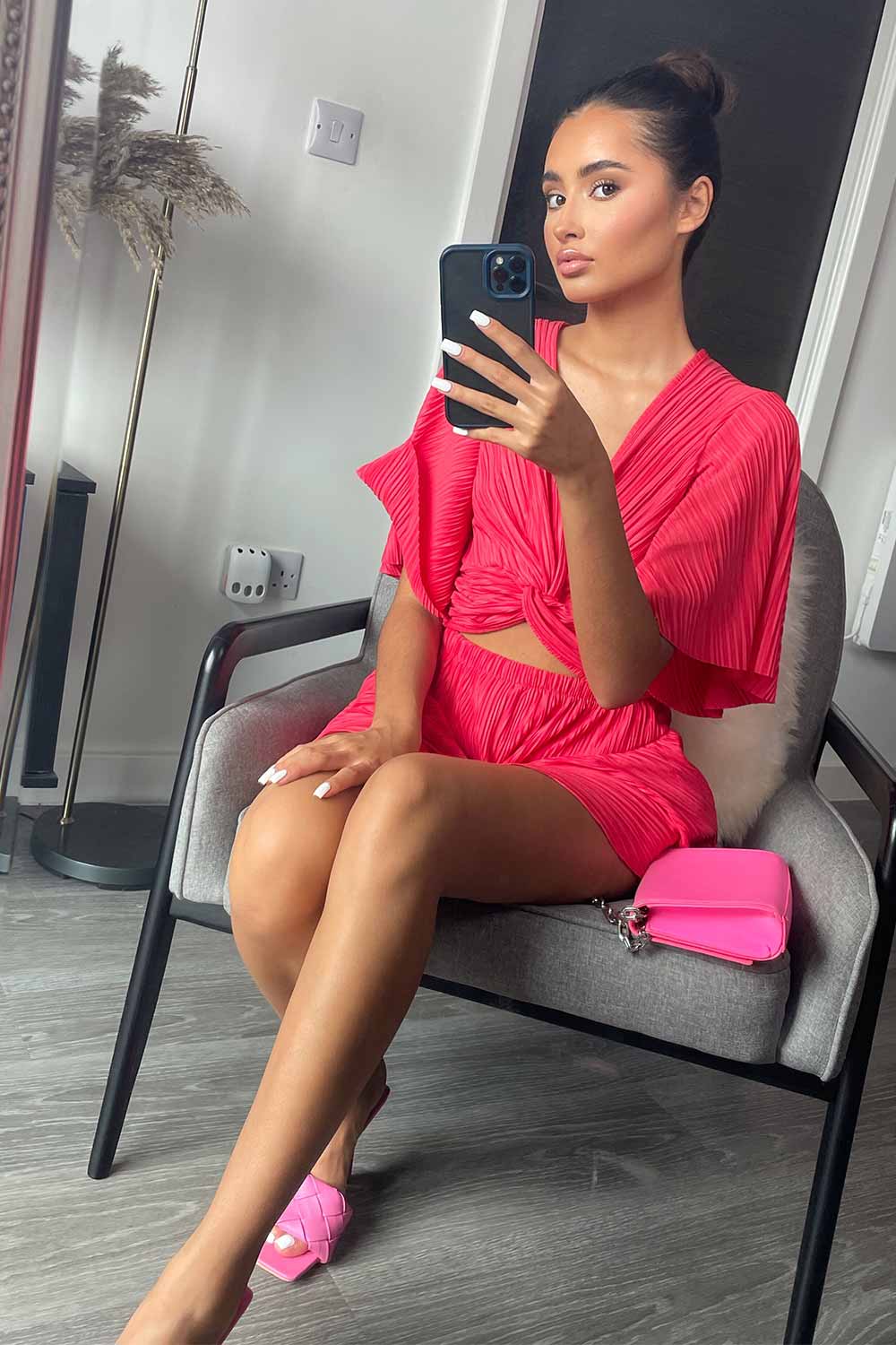 pleated crinkle top skort two piece set