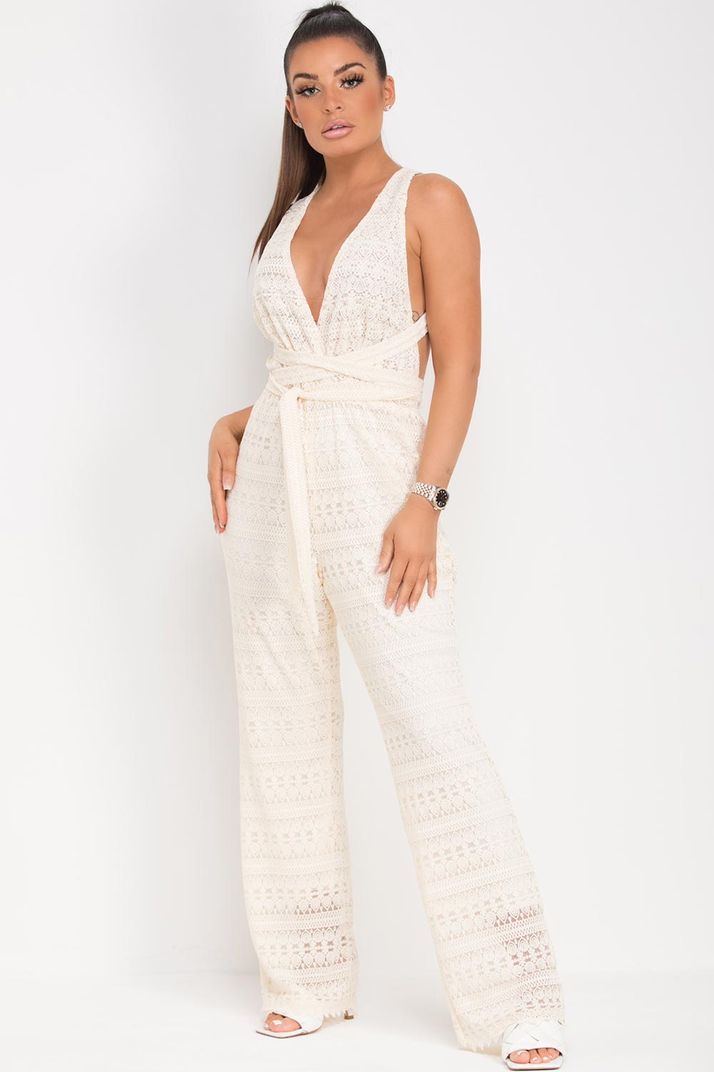 backless crochet jumpsuit beige