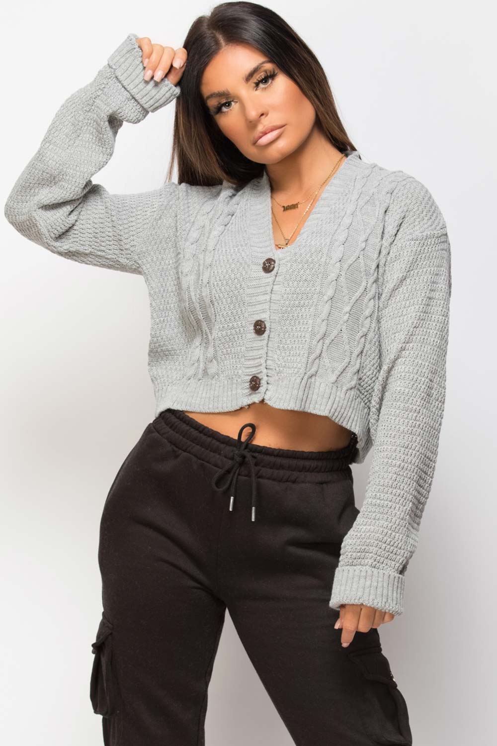 grey crop cardigan with button front