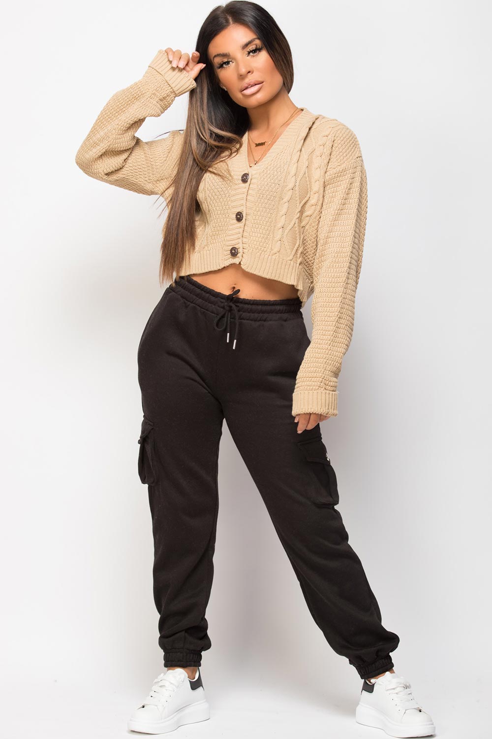 cable knit crop cardigan stone