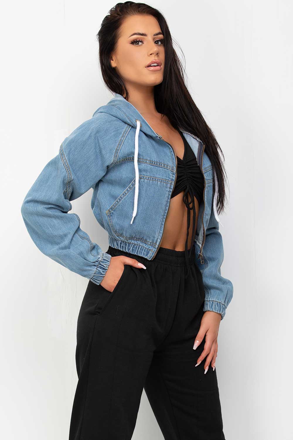 crop denim jacket with hood