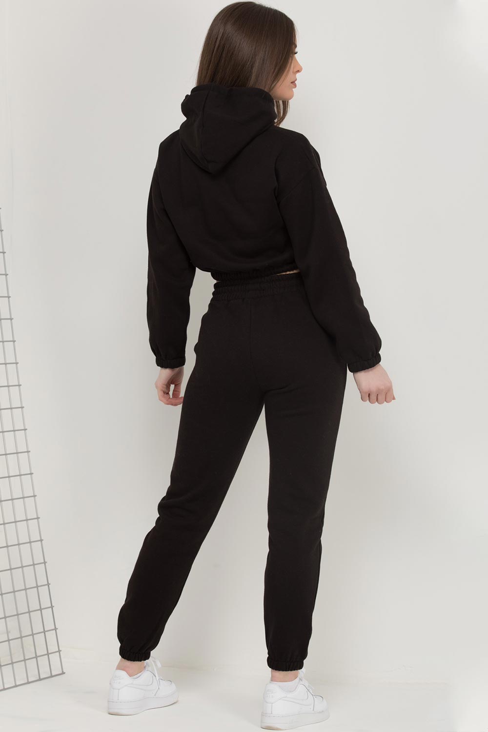 black joggers and crop hoodie lounge set