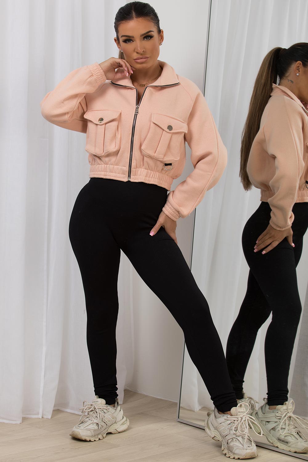 womens crop jacket pink zipper