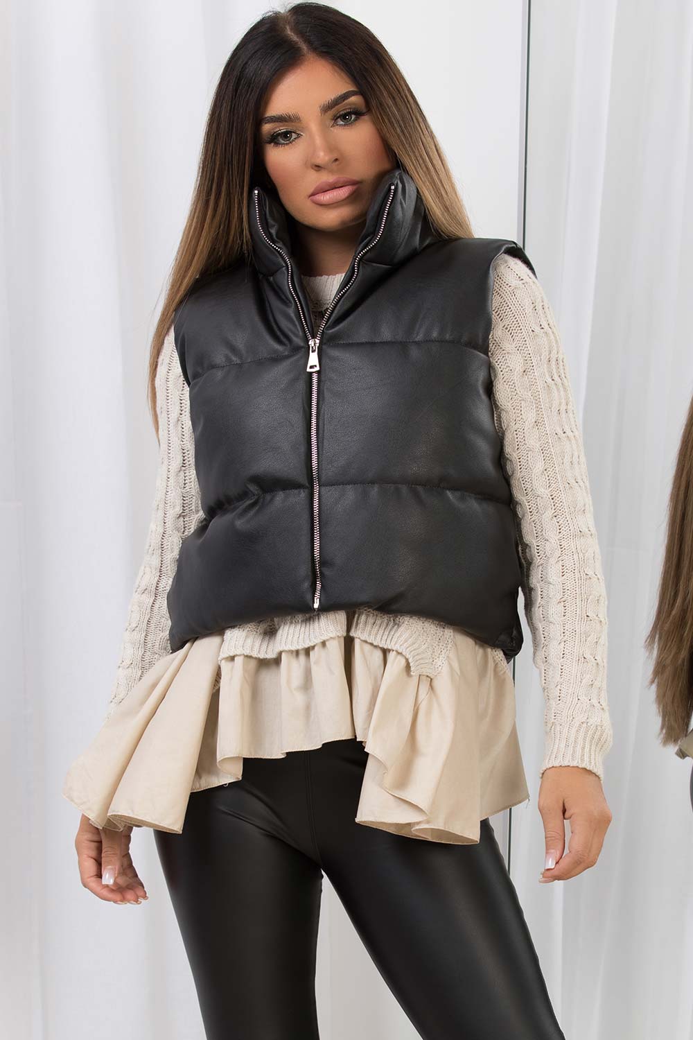 black faux leather crop gilet womens