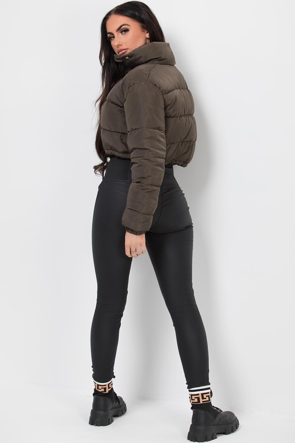 khaki crop puffer jacket
