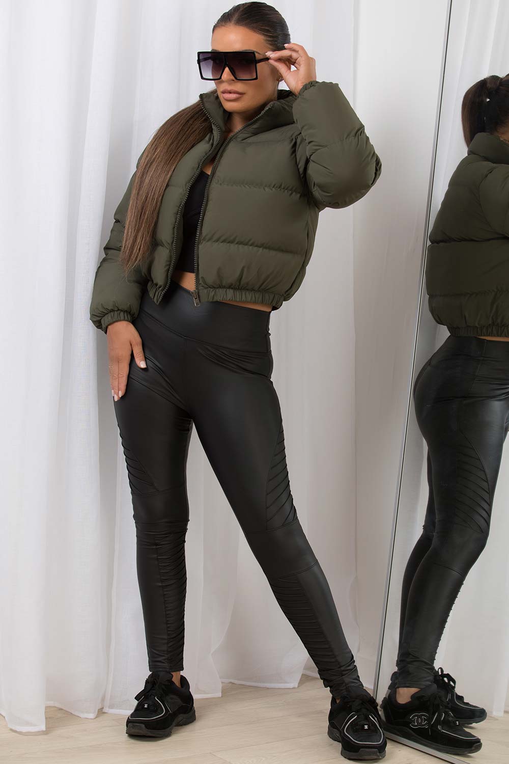 womens khaki puffer cropped jacket
