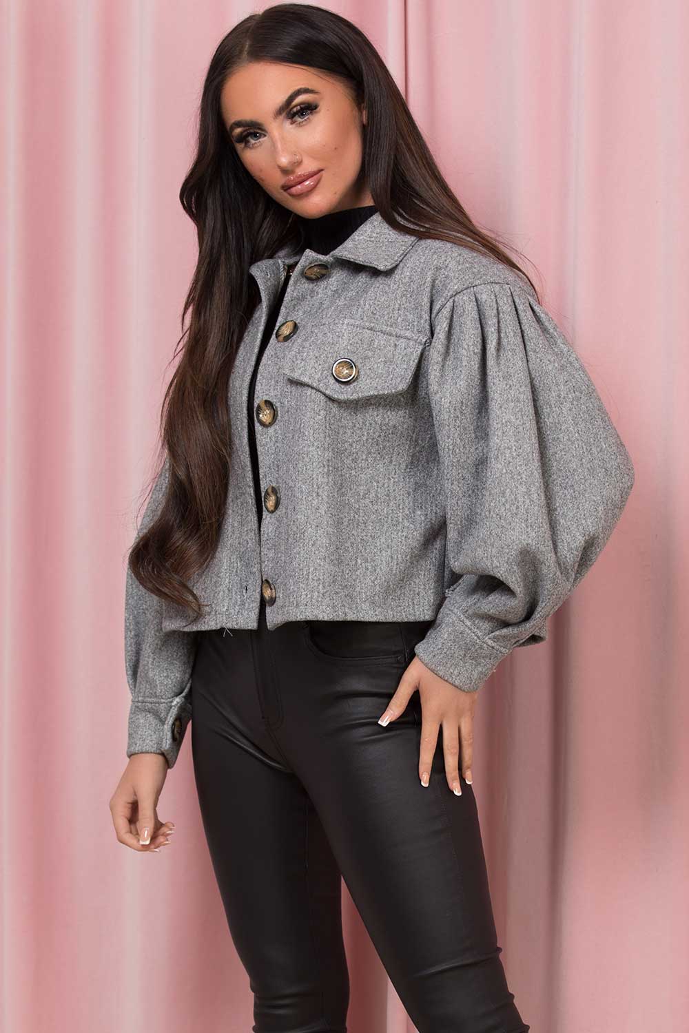 cropped shacket with puff sleeves