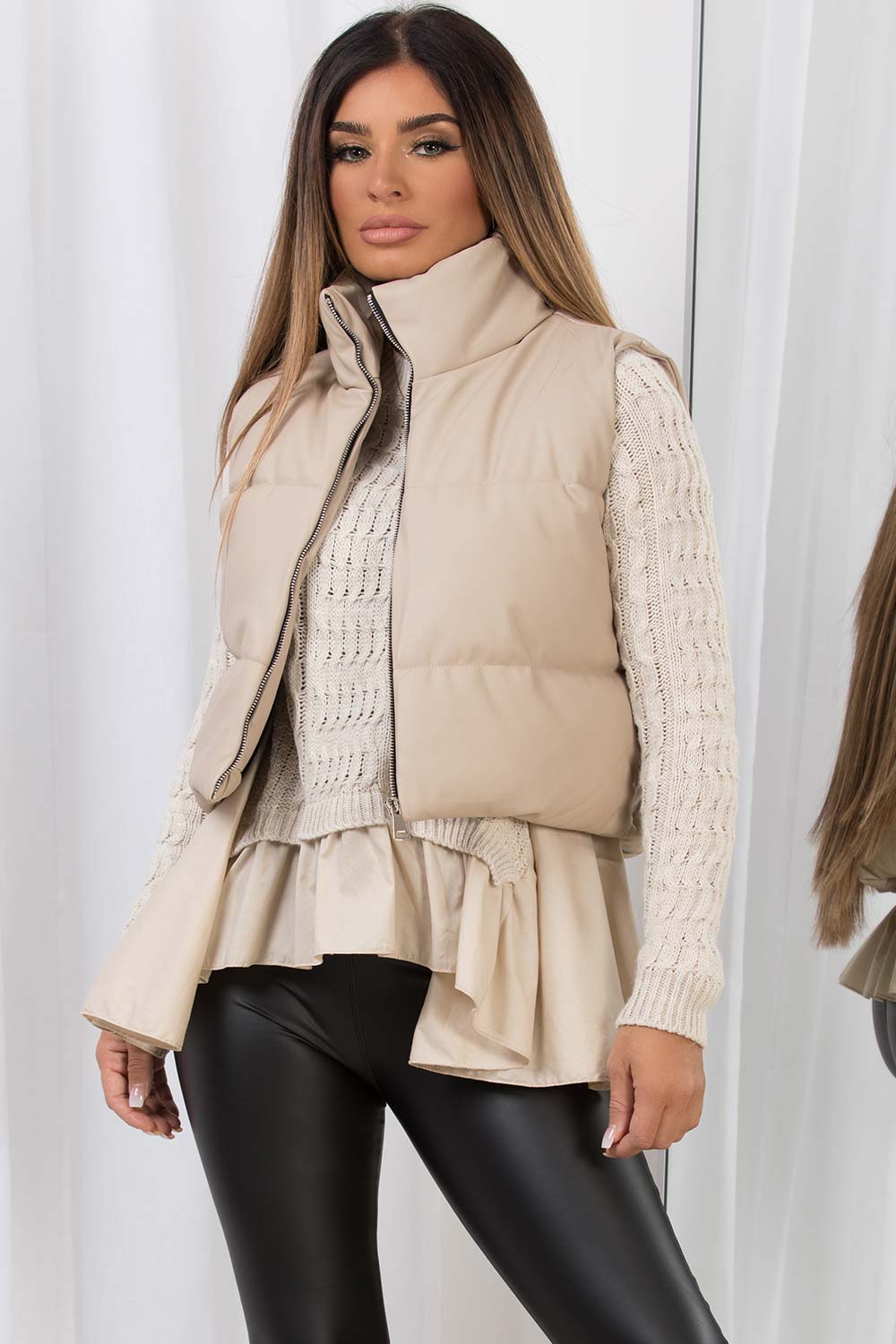 beige crop puffer gilet womens