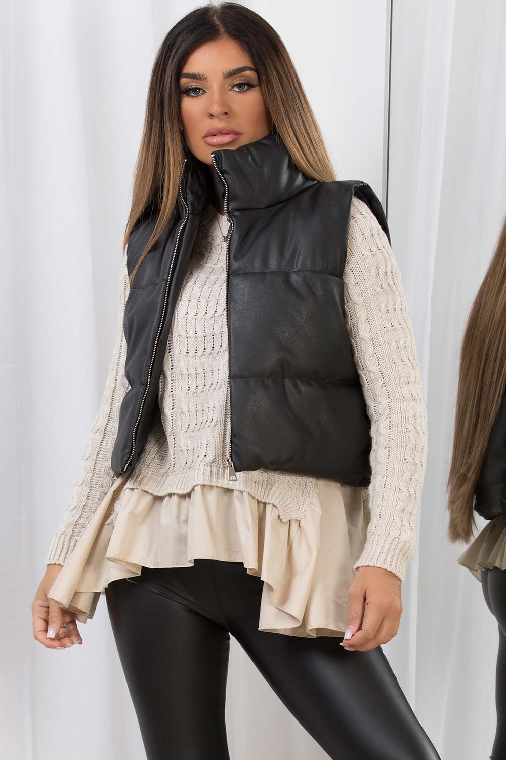 black crop gilet faux leather womens