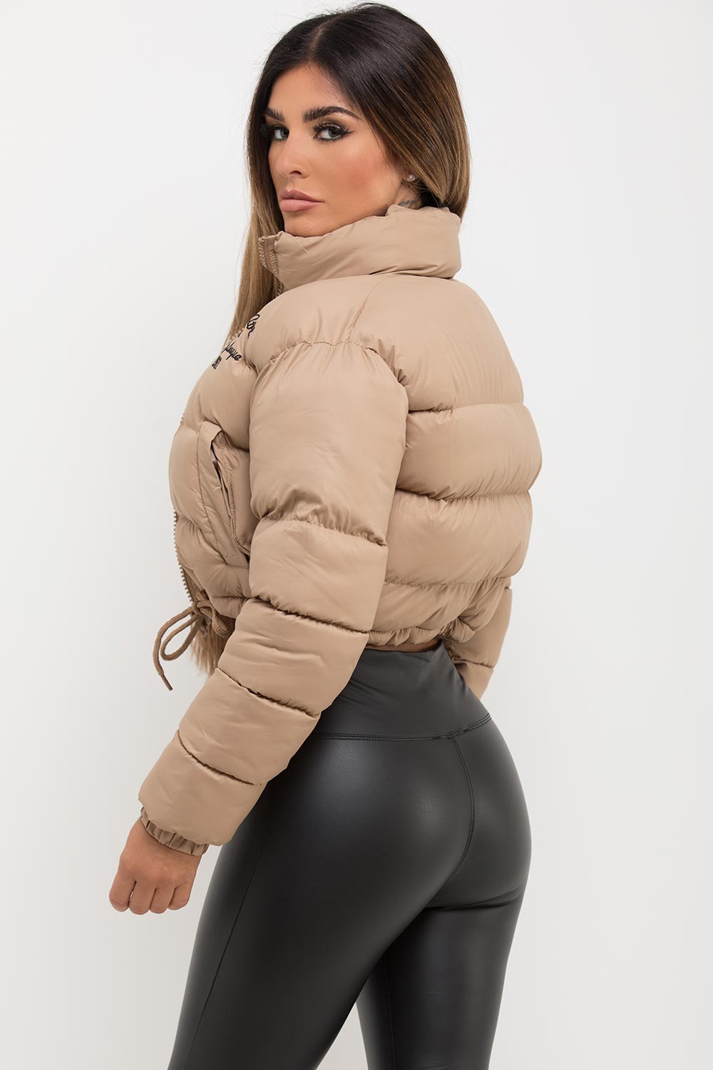 crop puffer jacket with drawstring waist nyc old school embroidery