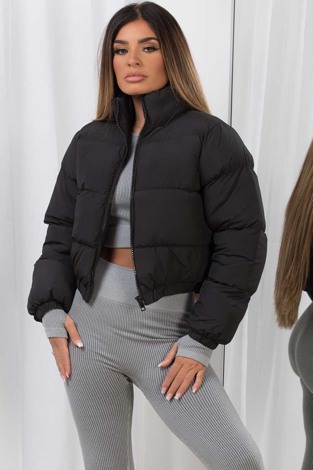 womens black crop puffer jacket