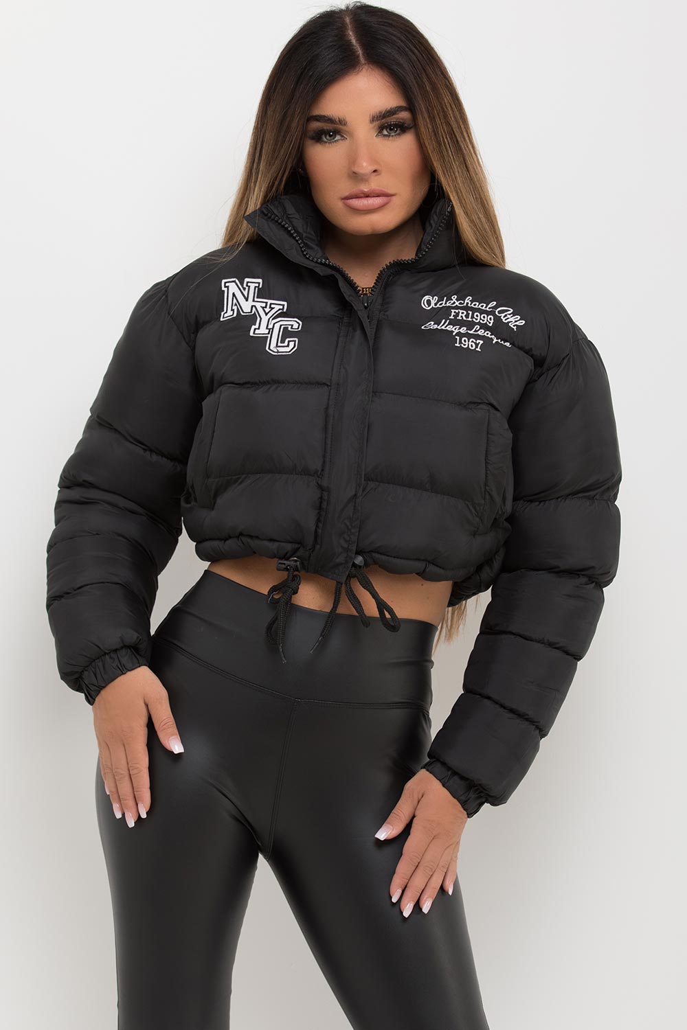 black crop puffer padded jacket with drawstring hem