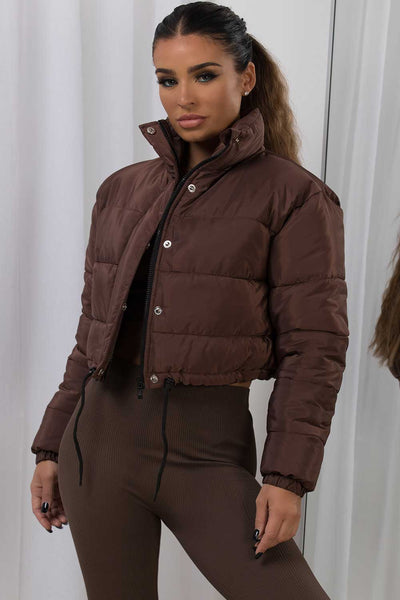 Womens Brown Crop Puffer Jacket –