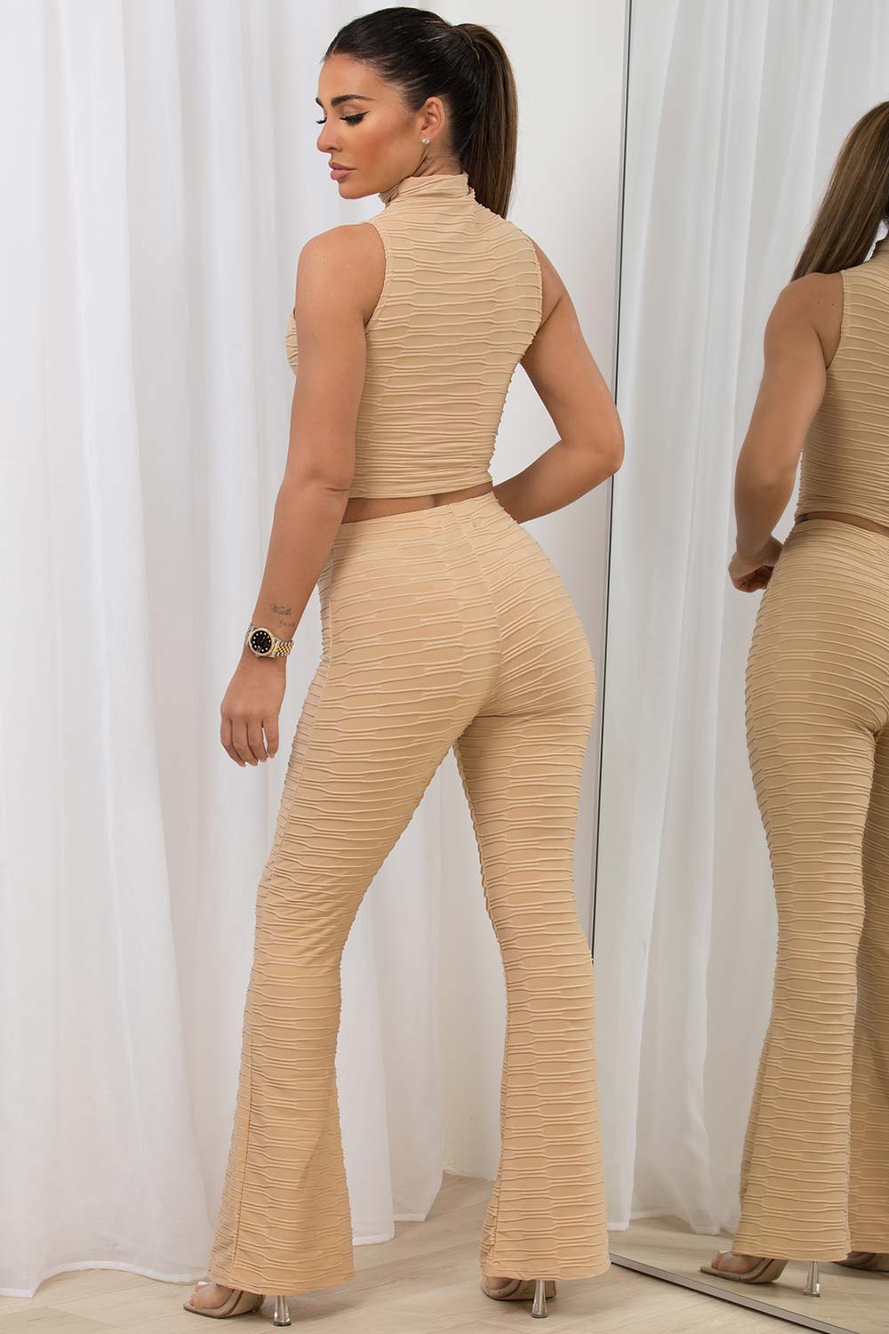 flared waffle trousers and crop top co ord set