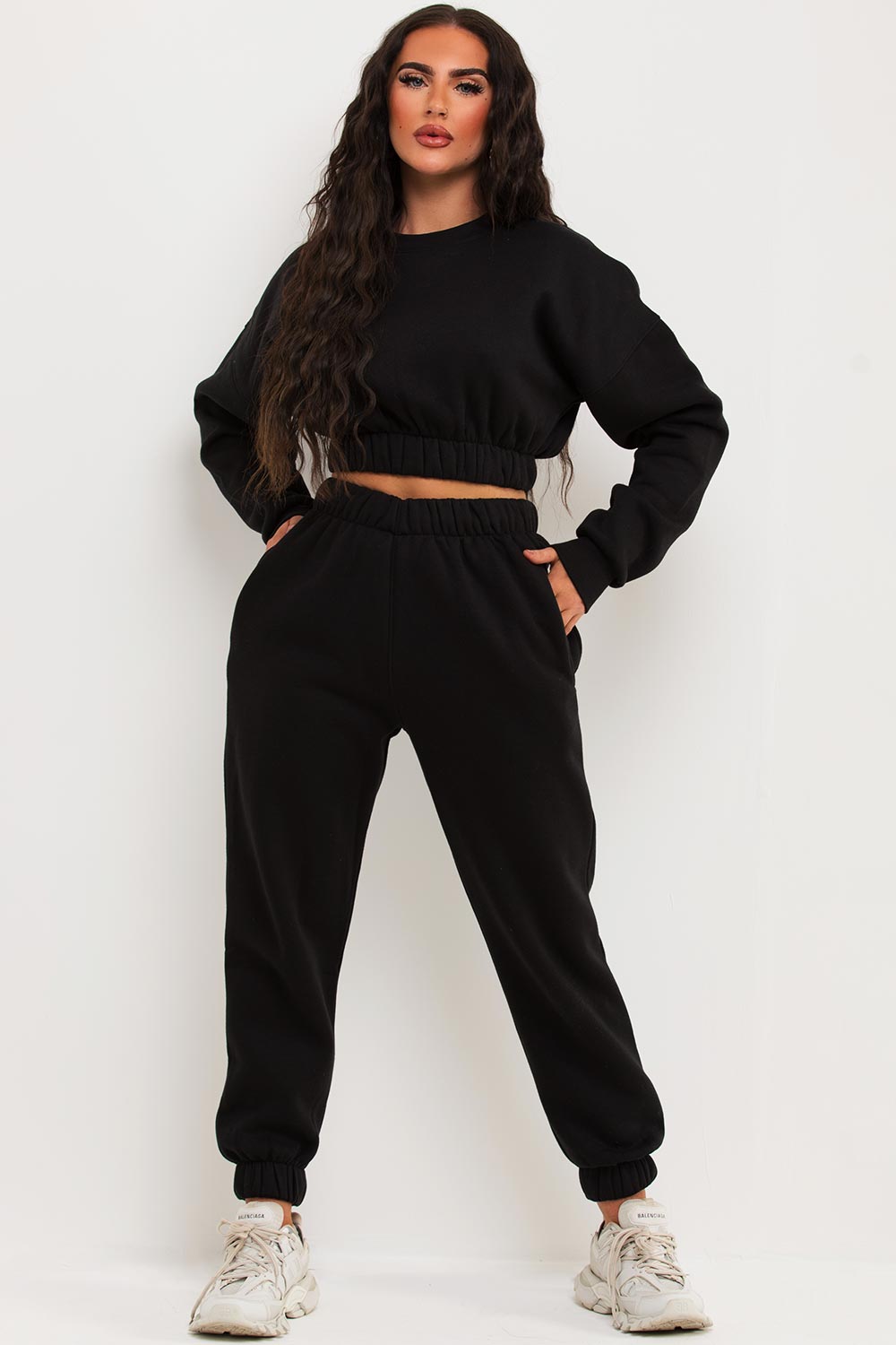 crop crew neck sweatshirt with elasticated hem and joggers loungewear set