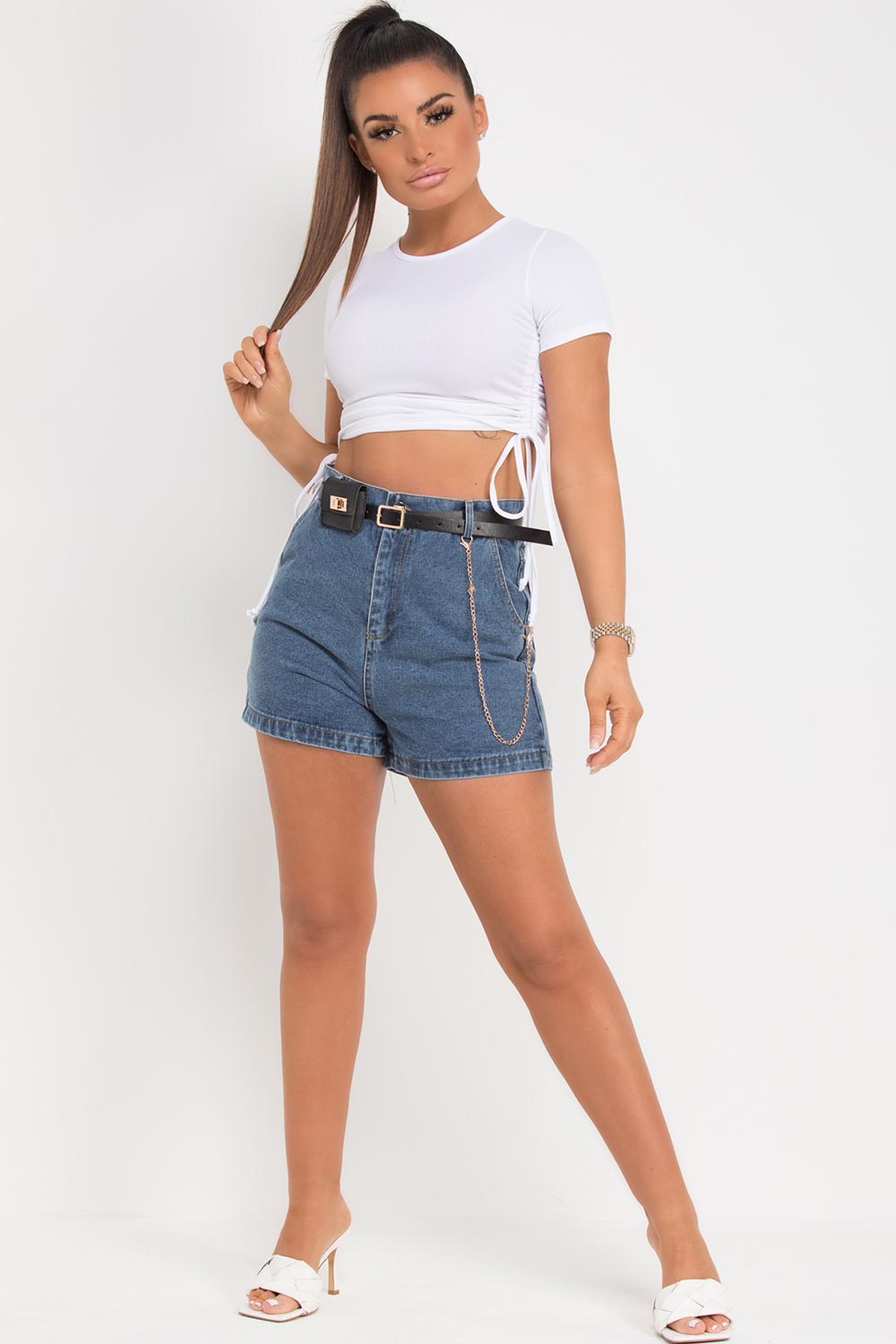 white ruched side ribbed crop top