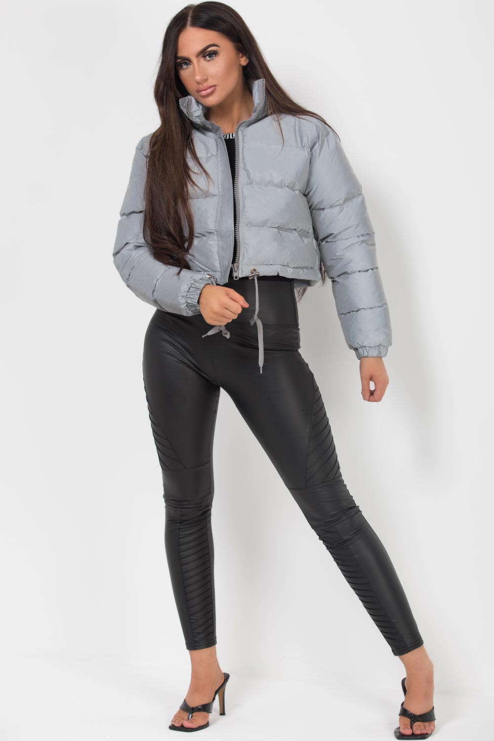 grey padded puffer reflective crop jakcet