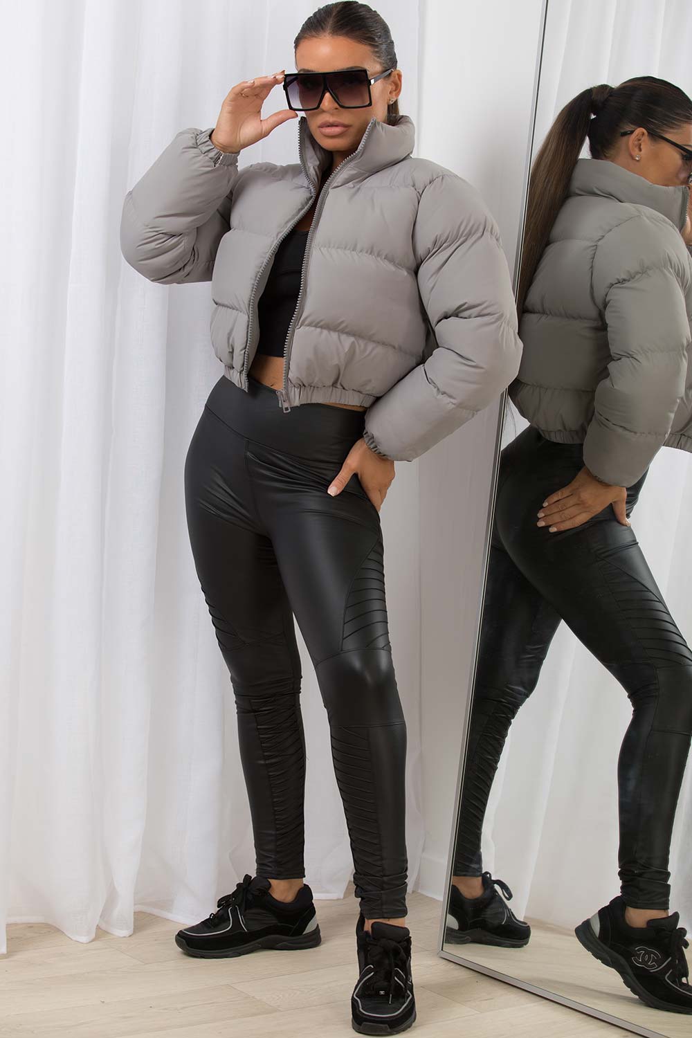padded puffer cropped jacket grey