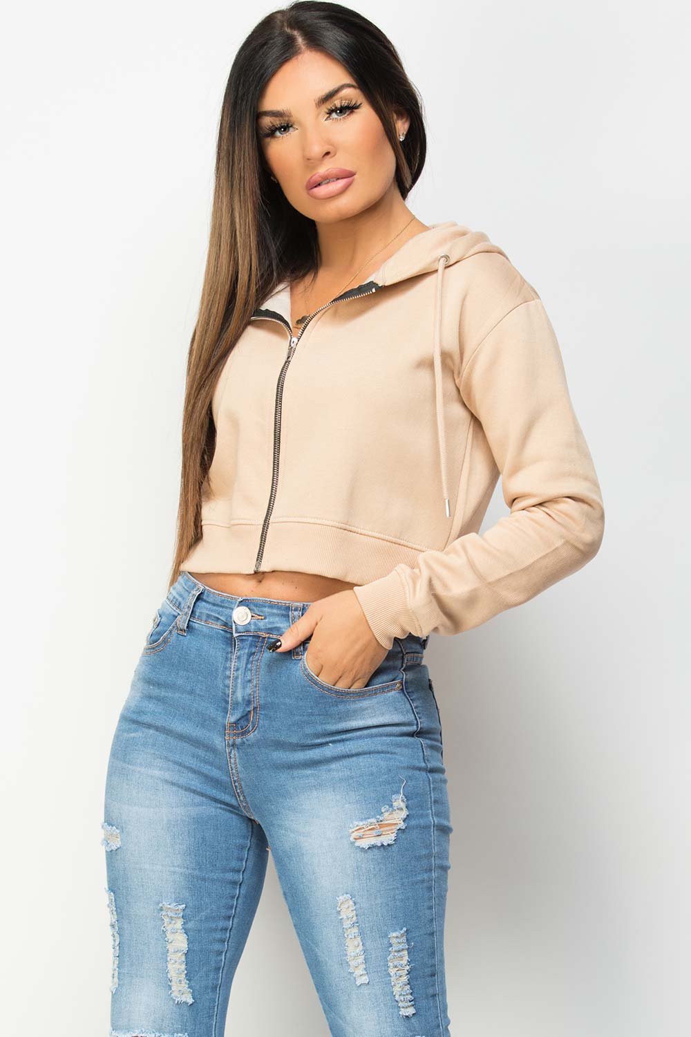 crop zip up hoodie stone