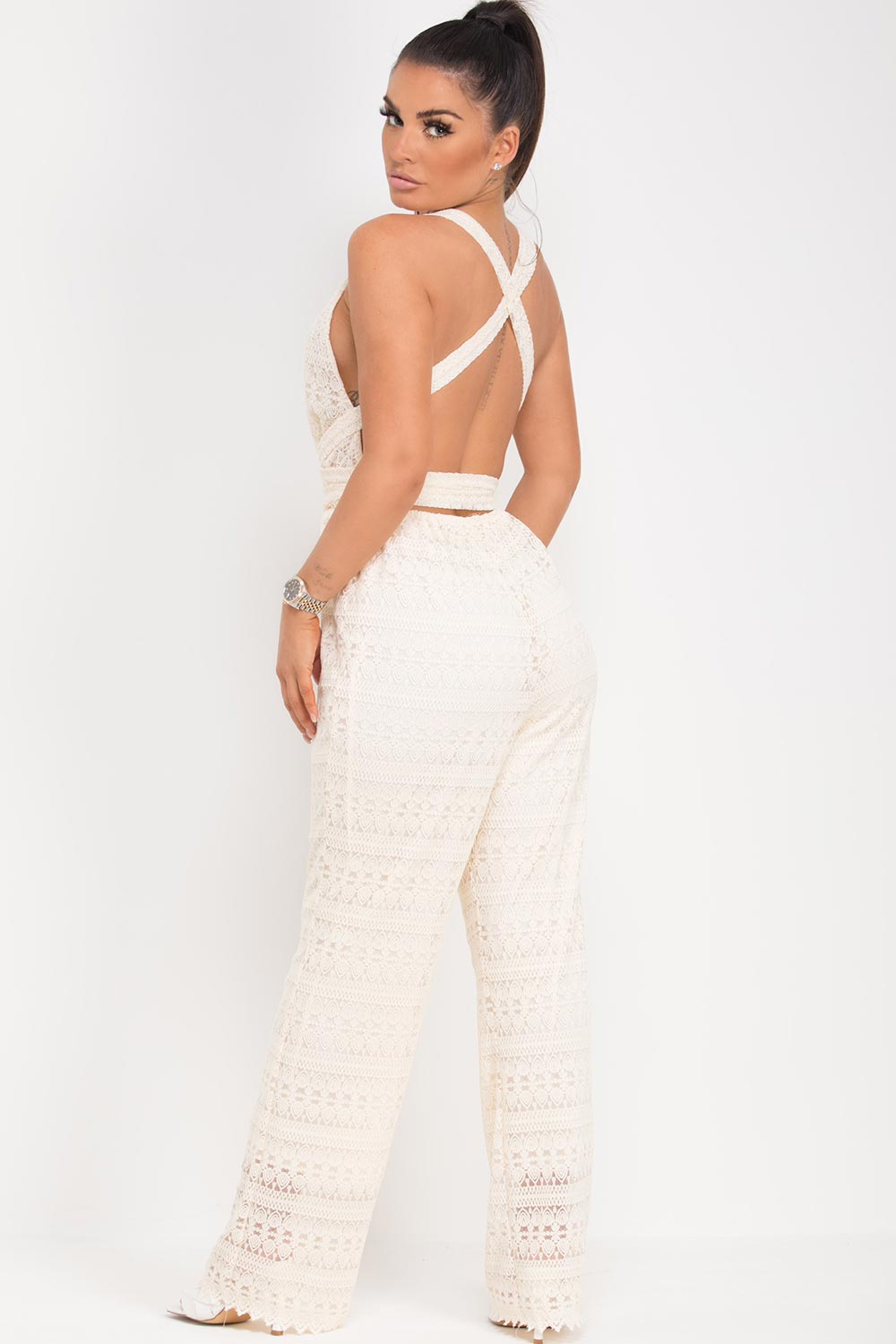 cross back wide leg crochet jumpsuit
