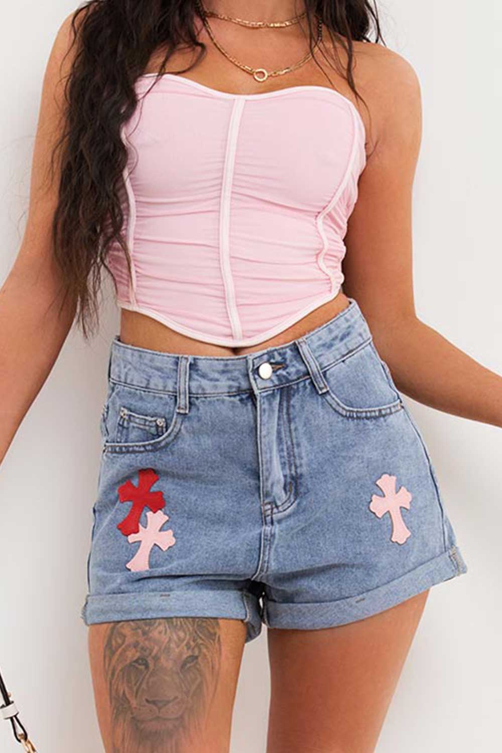 womens cross detail denim shorts