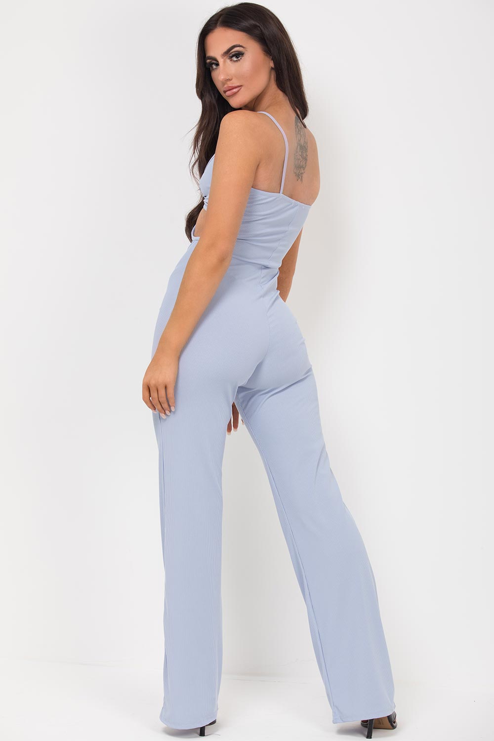 rib cut out front wide leg jumpsuit