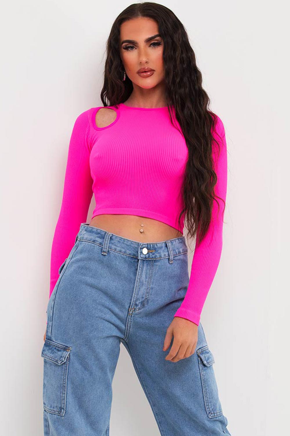 cut out ribbed long sleeve crop top