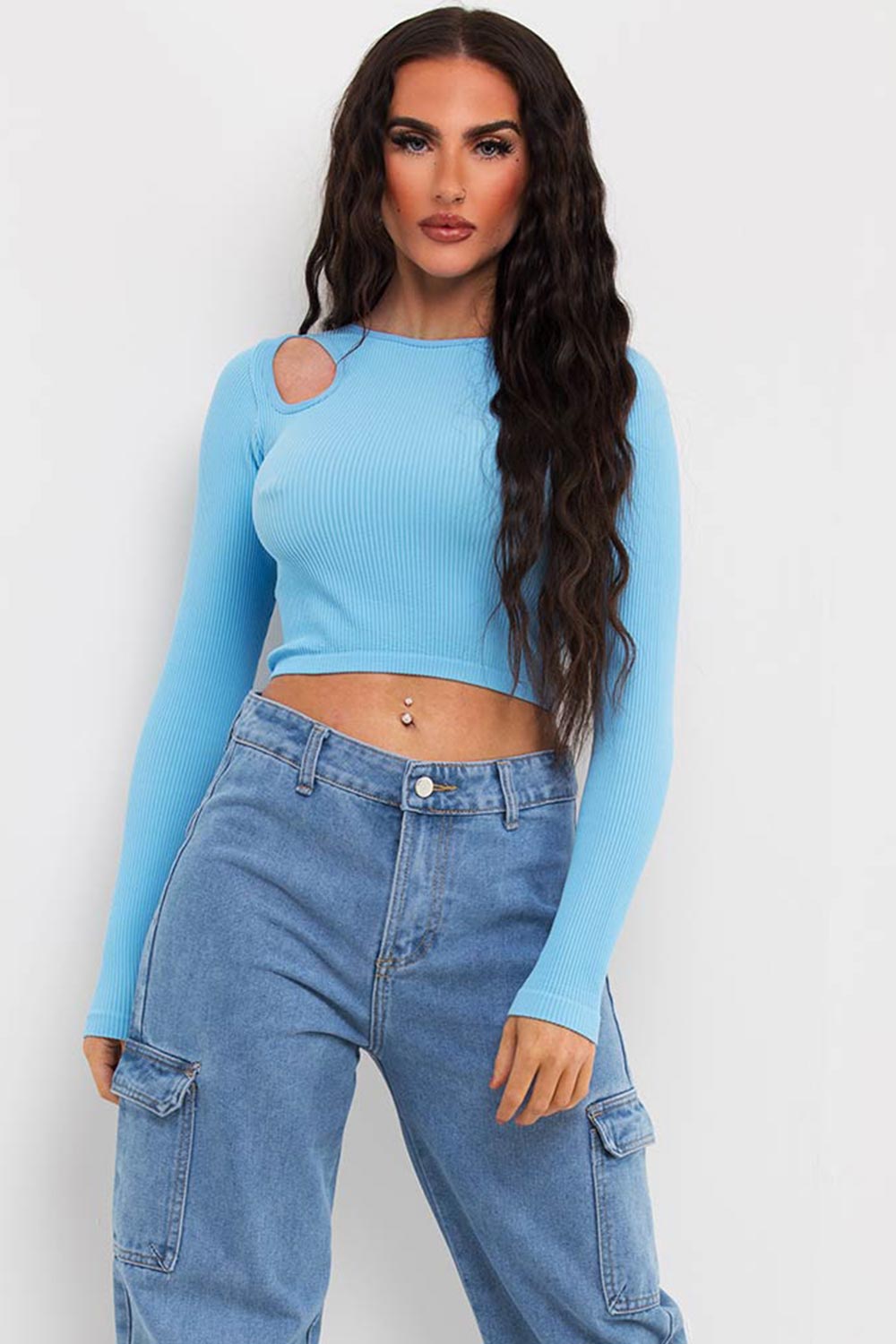 cut out shoulder ribbed crop top sky blue